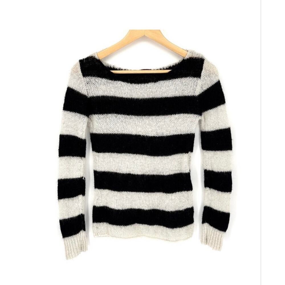 Brandy Melville fuzzy mohair pullover sweater black & white stripes boatneck OS